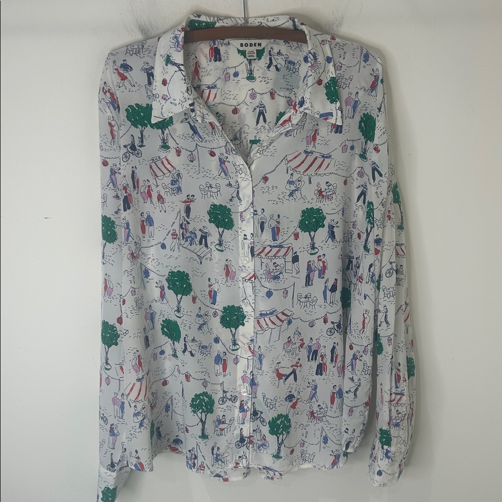 BODEN Sienna Silk Shirt Ivory Paris Scene Size 20-22R - Picture 4 of 15